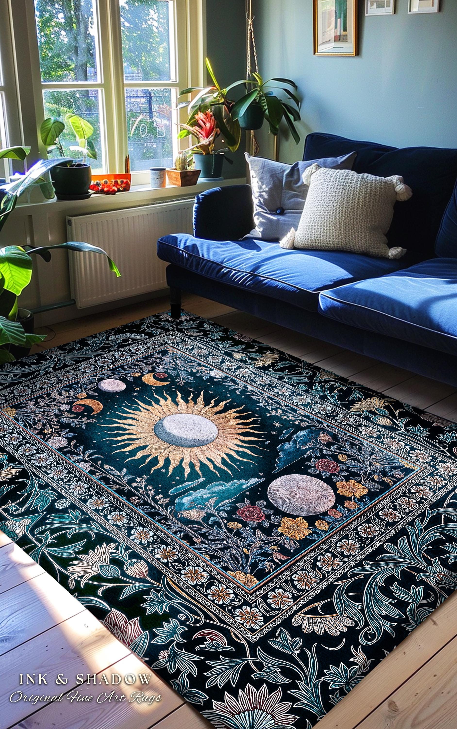 Whimsigothic Eclectic Moon Rug | Celestial Boho Mystic Tarot-Inspired Astrology Bedroom Decor Witchy Maximalist Floral Aesthetic Moody Style