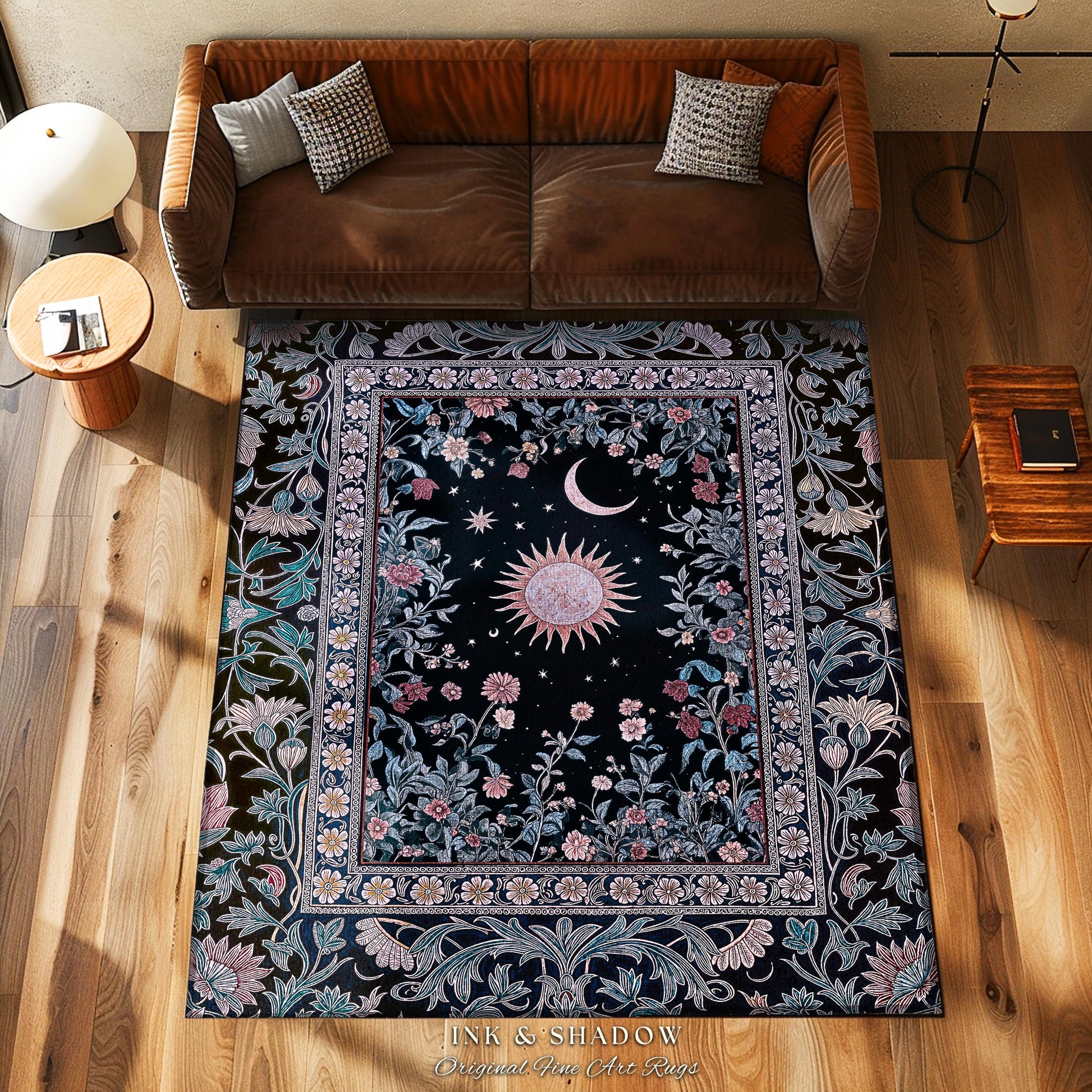 Midnight Lavender Celestial Rug | Witchy Pastel Tarot-Inspired Bohemian Sun and Moon Maximalist Astrology Whimsical Purple Bedroom Decor |