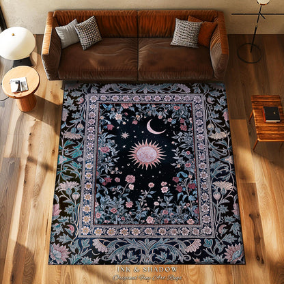 Midnight Lavender Celestial Rug | Witchy Pastel Tarot-Inspired Bohemian Sun and Moon Maximalist Astrology Whimsical Purple Bedroom Decor |