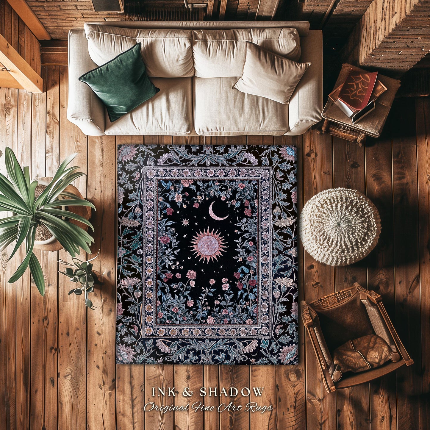 Midnight Lavender Celestial Round Rug | Witchy Pastel Tarot-Inspired Bohemian Sun & Moon Maximalist Astrology Whimsical Purple Bedroom Decor