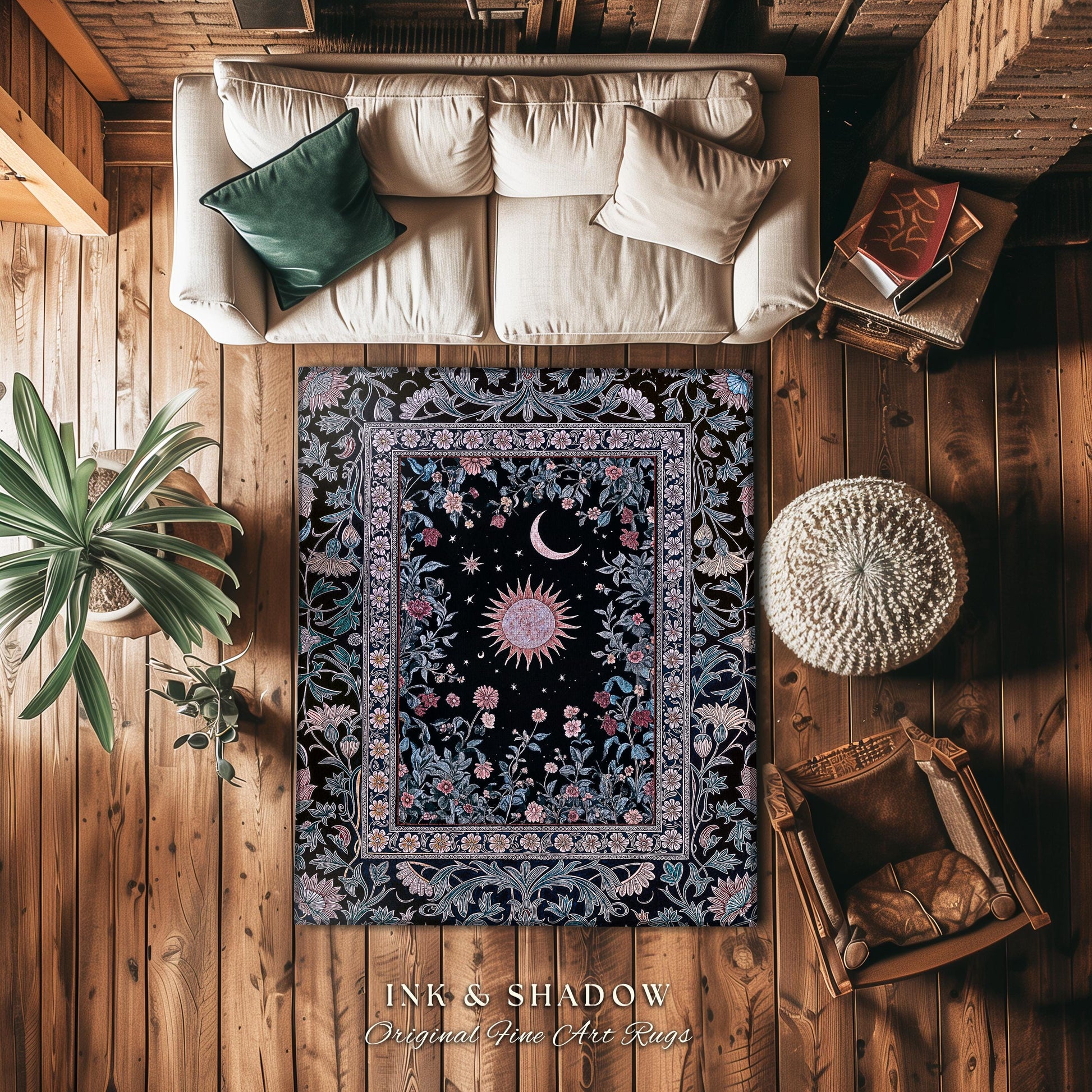 Midnight Lavender Celestial Round Rug | Witchy Pastel Tarot-Inspired Bohemian Sun & Moon Maximalist Astrology Whimsical Purple Bedroom Decor