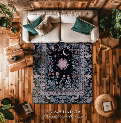 Midnight Lavender Celestial Rug | Witchy Pastel Tarot-Inspired Bohemian Sun and Moon Maximalist Astrology Whimsical Purple Bedroom Decor |