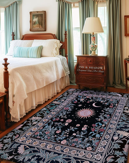 Midnight Lavender Celestial Round Rug | Witchy Pastel Tarot-Inspired Bohemian Sun & Moon Maximalist Astrology Whimsical Purple Bedroom Decor