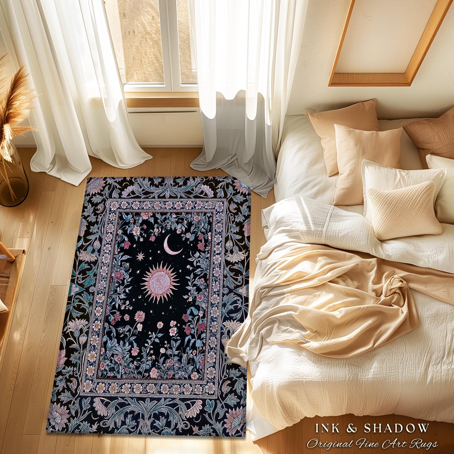 Midnight Lavender Celestial Rug | Witchy Pastel Tarot-Inspired Bohemian Sun and Moon Maximalist Astrology Whimsical Purple Bedroom Decor |