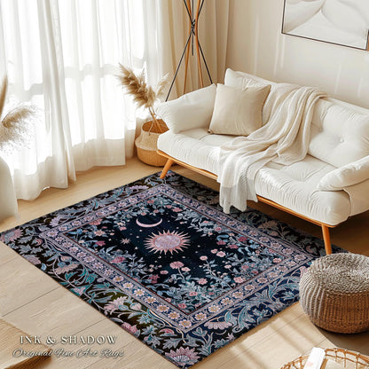 Midnight Lavender Celestial Rug | Witchy Pastel Tarot-Inspired Bohemian Sun and Moon Maximalist Astrology Whimsical Purple Bedroom Decor |