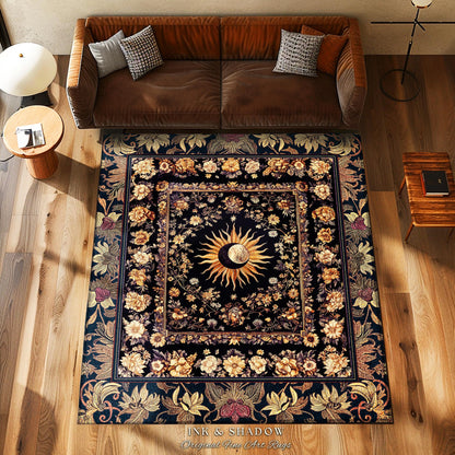 Cosmic Elegance Celestial Area Rug | Dark Cottagecore Moon and Sun Ethereal Divine Aesthetic Witchy Bohemian Eclectic Spiritual Bedroom Rug