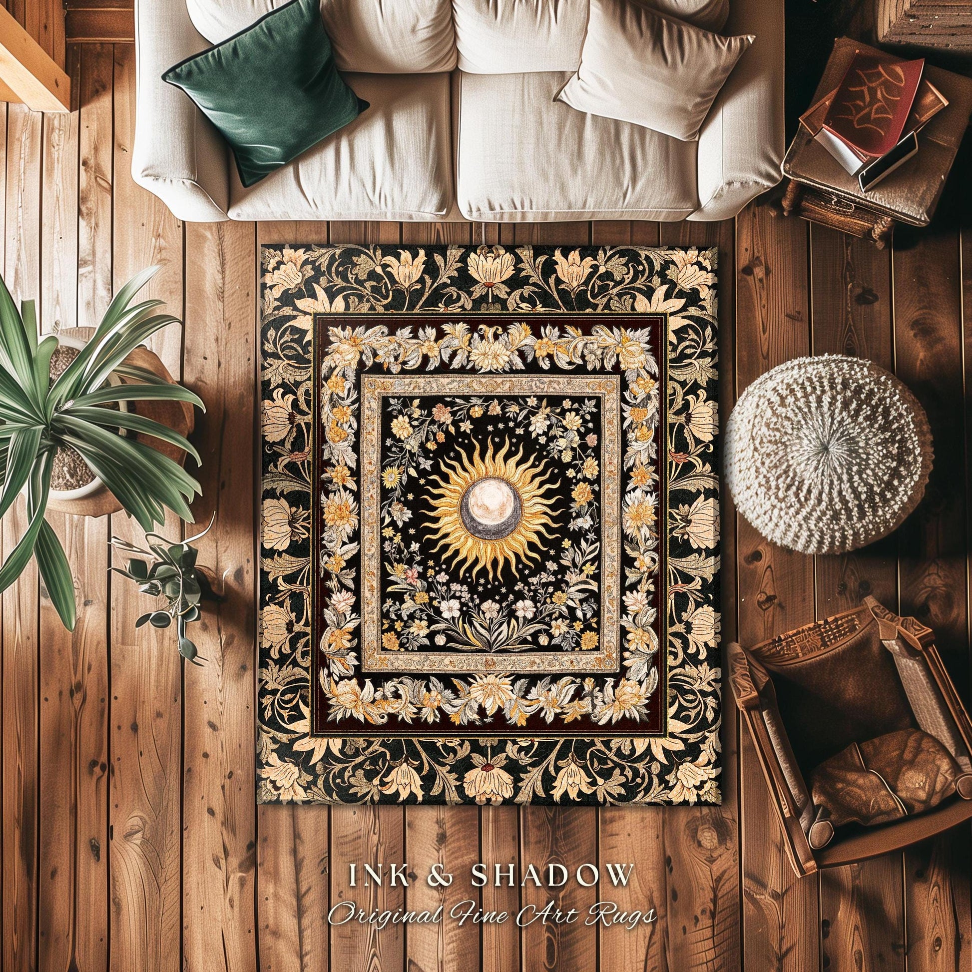 Divine Aesthetic Sun and Moon Rug | Magical Astrology Celestial Whimsigothic Boho Bedroom Decor Mystic Magic Maximalist Accent Rug Witchy |