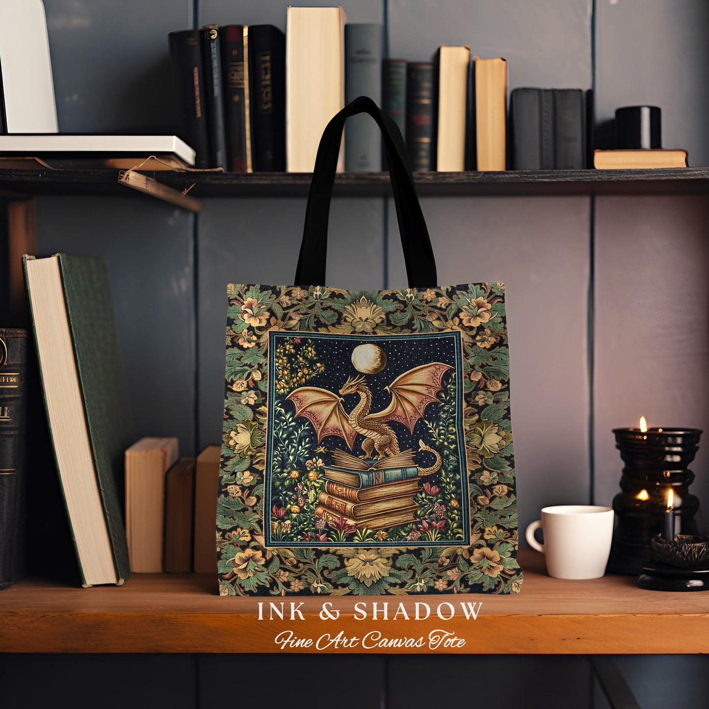 Medieval Library Mystic Dragon Tapestry Tote | Ethereal Victorian Floral Bag for Book Lovers Woodland Fairytale Dark Academia Folklore Style