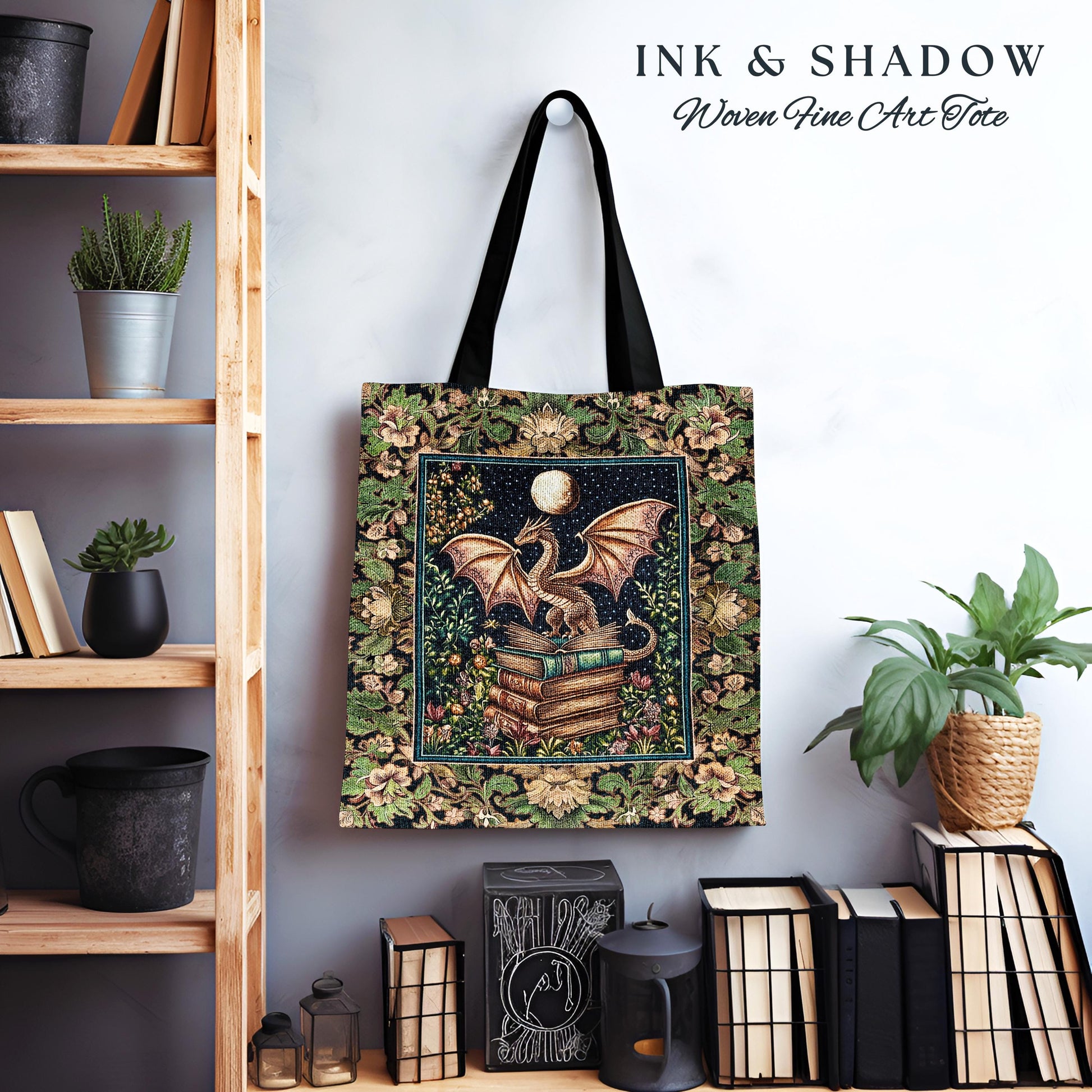 Medieval Library Mystic Dragon Tapestry Tote | Ethereal Victorian Floral Bag for Book Lovers Woodland Fairytale Dark Academia Folklore Style