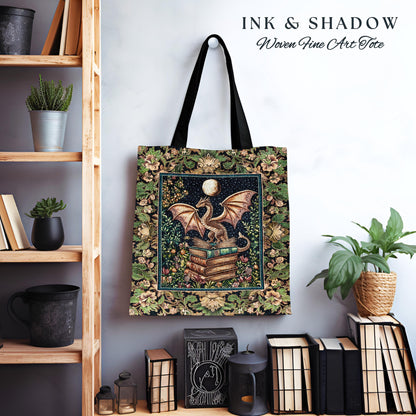 Medieval Library Mystic Dragon Tapestry Tote | Ethereal Victorian Floral Bag for Book Lovers Woodland Fairytale Dark Academia Folklore Style