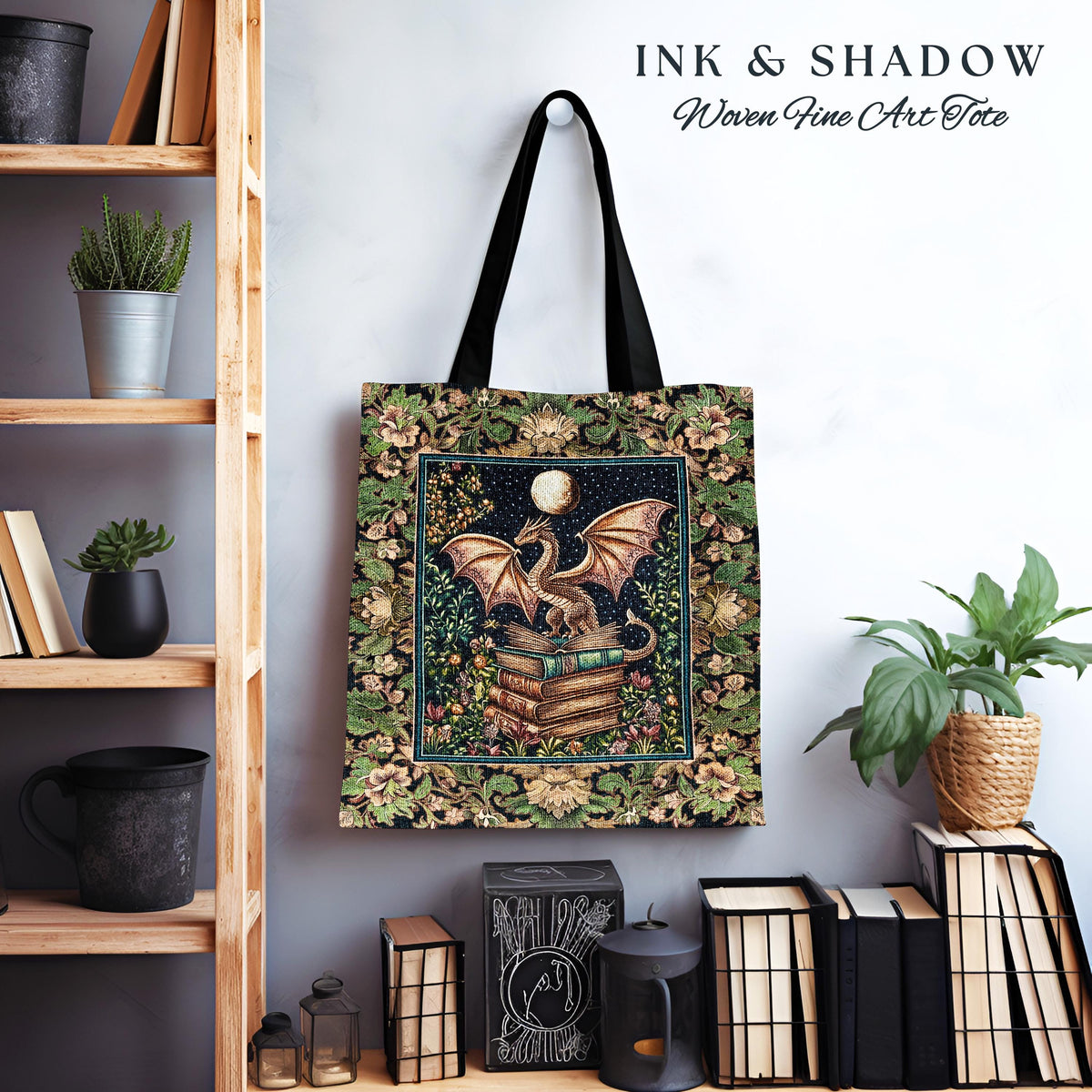 Medieval Library Mystic Dragon Tapestry Tote | Ethereal Victorian Floral Bag for Book Lovers Woodland Fairytale Dark Academia Folklore Style