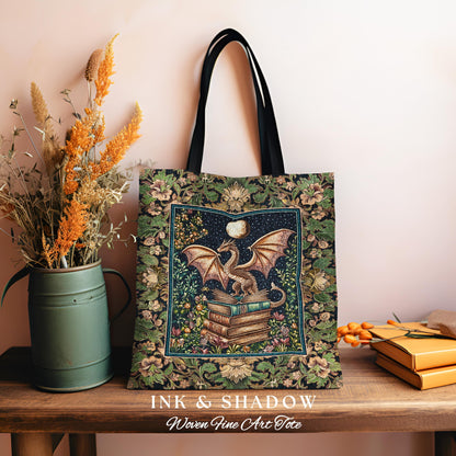 Medieval Library Mystic Dragon Tapestry Tote | Ethereal Victorian Floral Bag for Book Lovers Woodland Fairytale Dark Academia Folklore Style