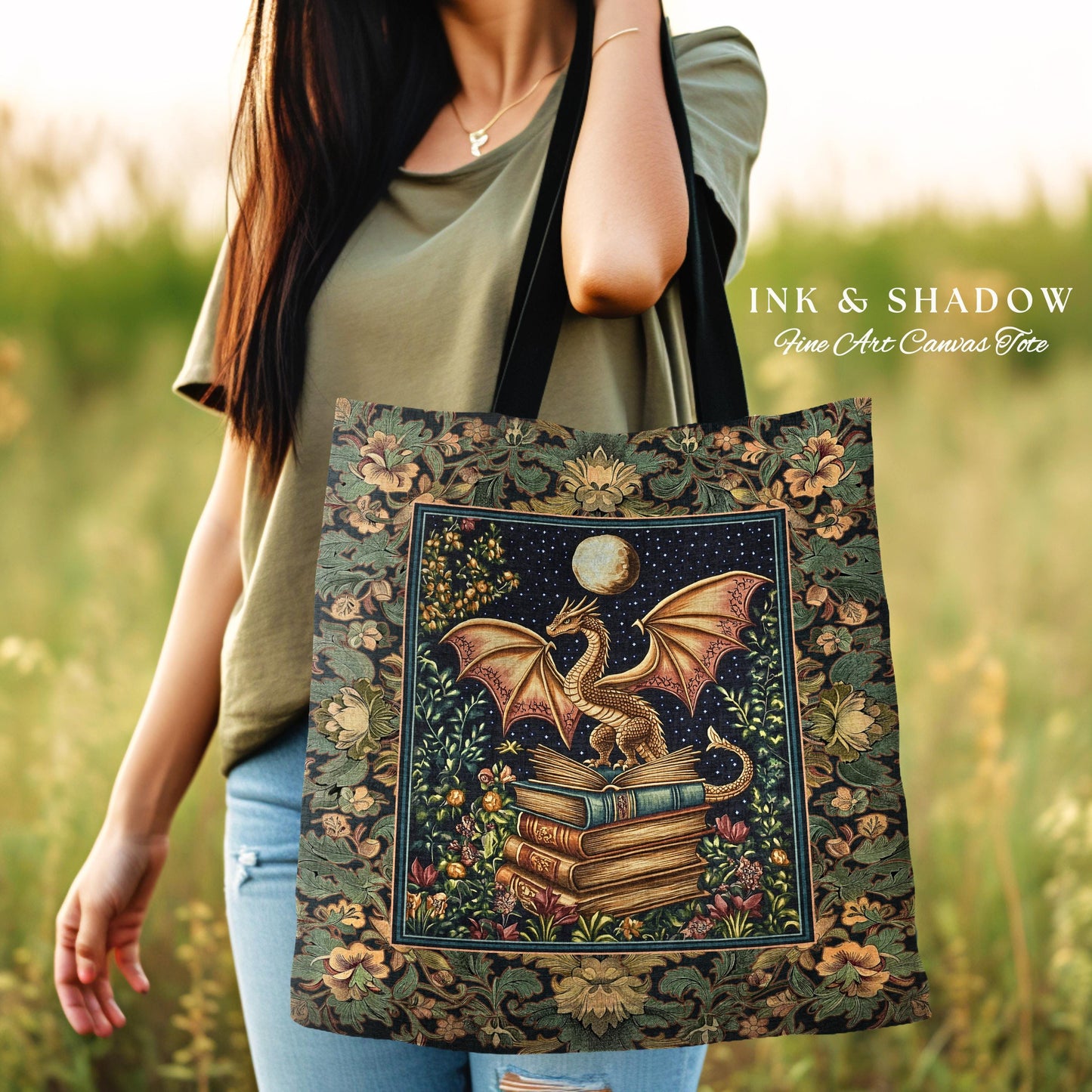 Medieval Library Mystic Dragon Tapestry Tote | Ethereal Victorian Floral Bag for Book Lovers Woodland Fairytale Dark Academia Folklore Style