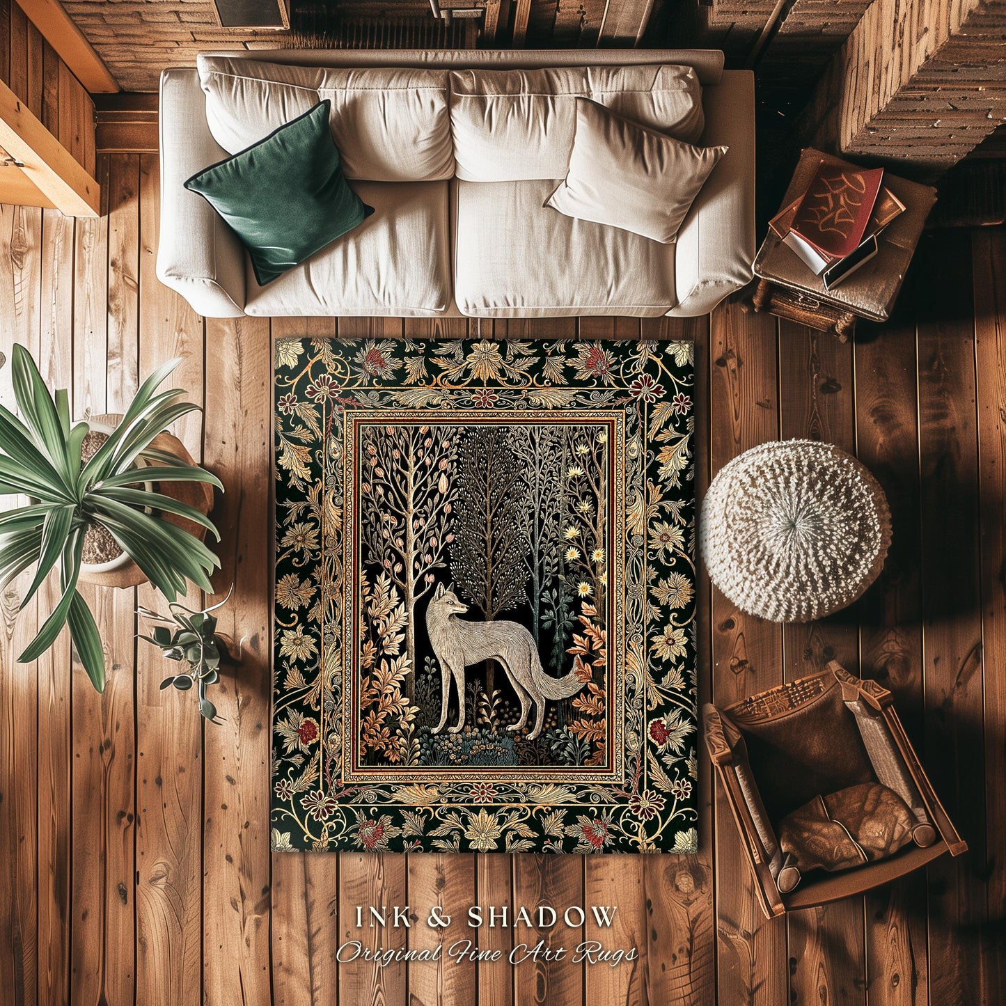 Cozy Hygge Woodland Wolf Area Rug | Elegant Cottagecore Forest Bohemian Room Decor Homey Aesthetic Magical Nature Fairytale Inspired Bedroom