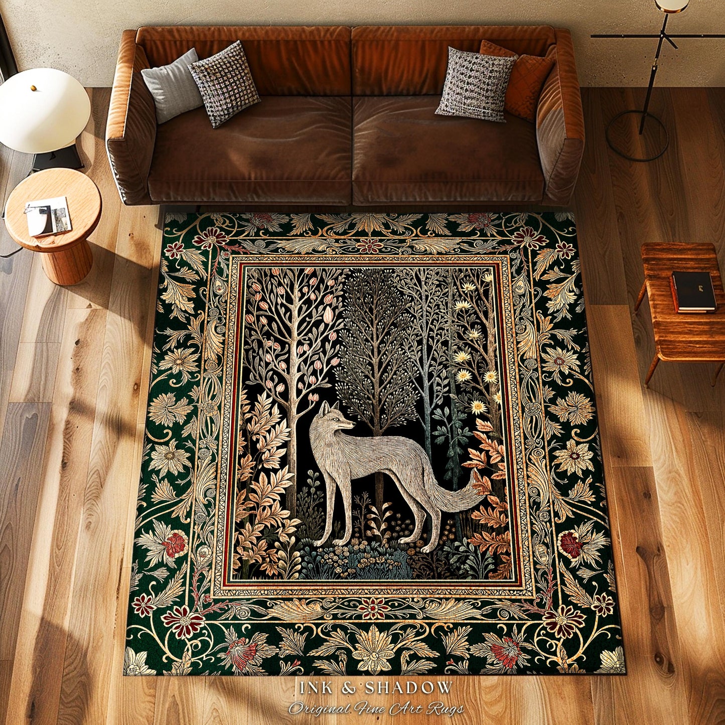 Cozy Hygge Woodland Wolf Area Rug | Elegant Cottagecore Forest Bohemian Room Decor Homey Aesthetic Magical Nature Fairytale Inspired Bedroom