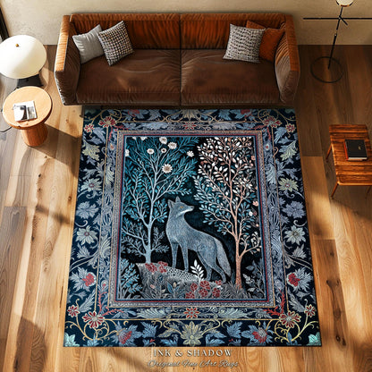 Rustic Storybook Cabin Rug | Bohemian Hygge Aesthetic Scandinavian Woodland Cottagecore Wolf Home Decor Whimsical Nature Accent Rug Indie |