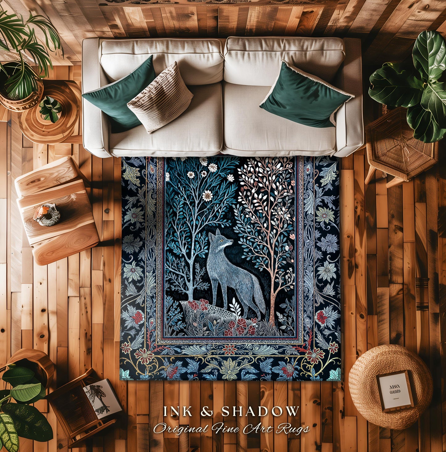 Rustic Storybook Cabin Rug | Bohemian Hygge Aesthetic Scandinavian Woodland Cottagecore Wolf Home Decor Whimsical Nature Accent Rug Indie |