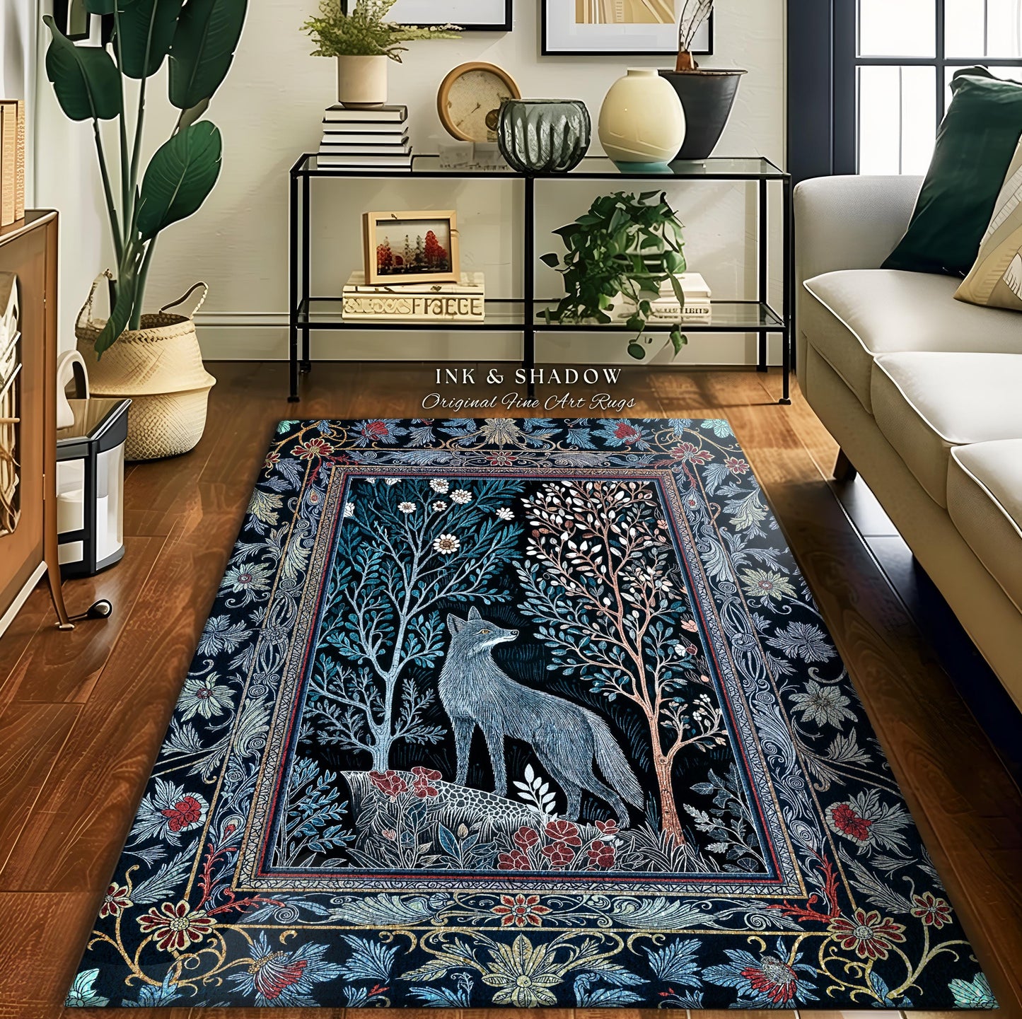 Rustic Storybook Cabin Rug | Bohemian Hygge Aesthetic Scandinavian Woodland Cottagecore Wolf Home Decor Whimsical Nature Accent Rug Indie |