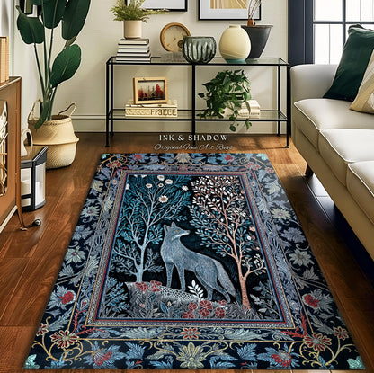 Rustic Storybook Cabin Rug | Bohemian Hygge Aesthetic Scandinavian Woodland Cottagecore Wolf Home Decor Whimsical Nature Accent Rug Indie |