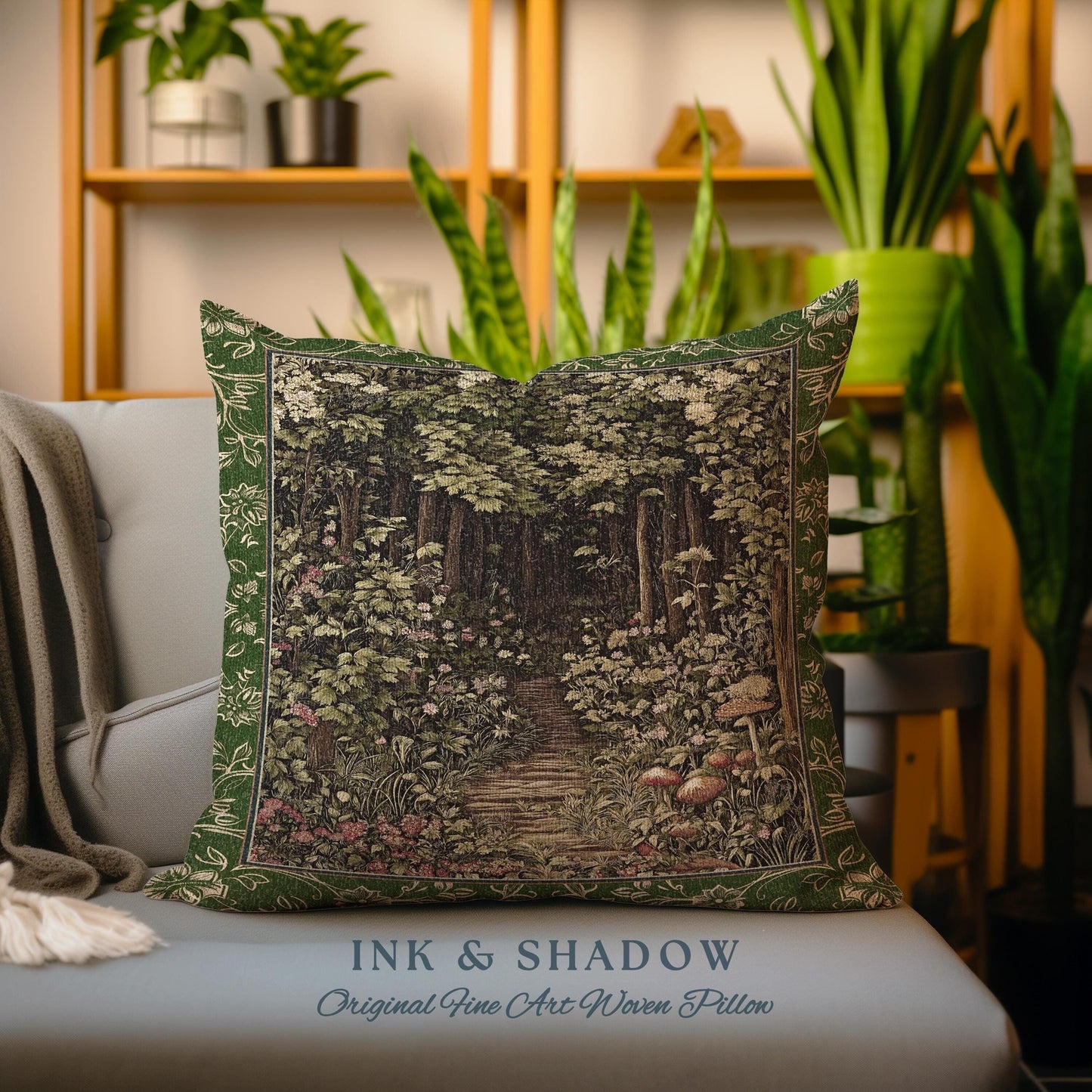 Fairytale Forest Botanical Throw Pillow | Mystic Aesthetic Woodland Home Magical Decor Plant Loving Bedroom Housewarming Gift Emerald Woods