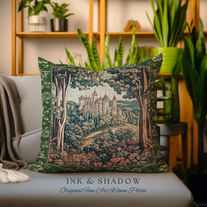 Fairytale Aesthetic Castle Tapestry Pillow Fairycore Folklore Inspired Decor | Magical Woodland Bedroom Whimsigothic Ethereal Forest Cushion