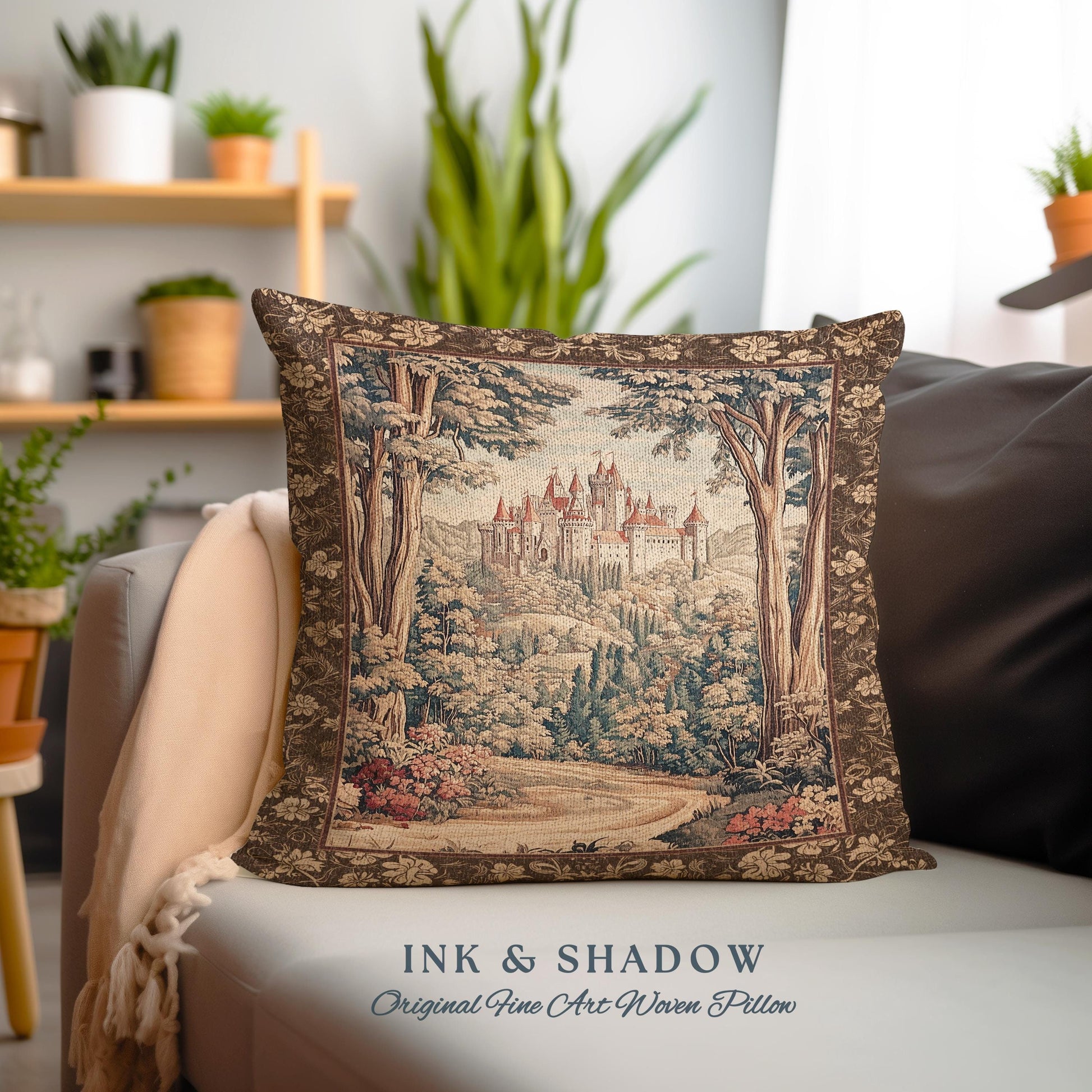 Book Nook Fairytale Castle Tapestry Pillow Woodland Fairycore Bohemian Folklore Aesthetic Magical Landscape Forestcore Dark Academia Cushion