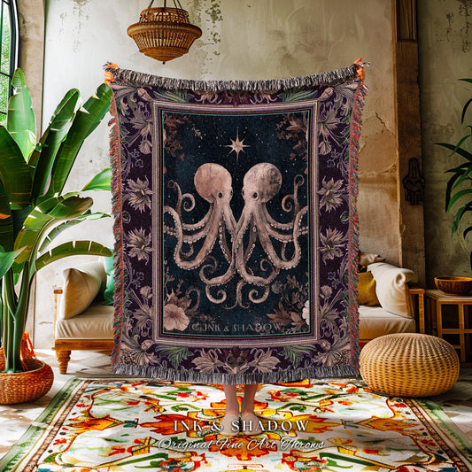 Dark Costal Cottagecore Woven Tapestry | Mystic Octopus Nautical Celestial Sea Life Cute Goblincore Home Decor Oceancore Aesthetic Blanket |