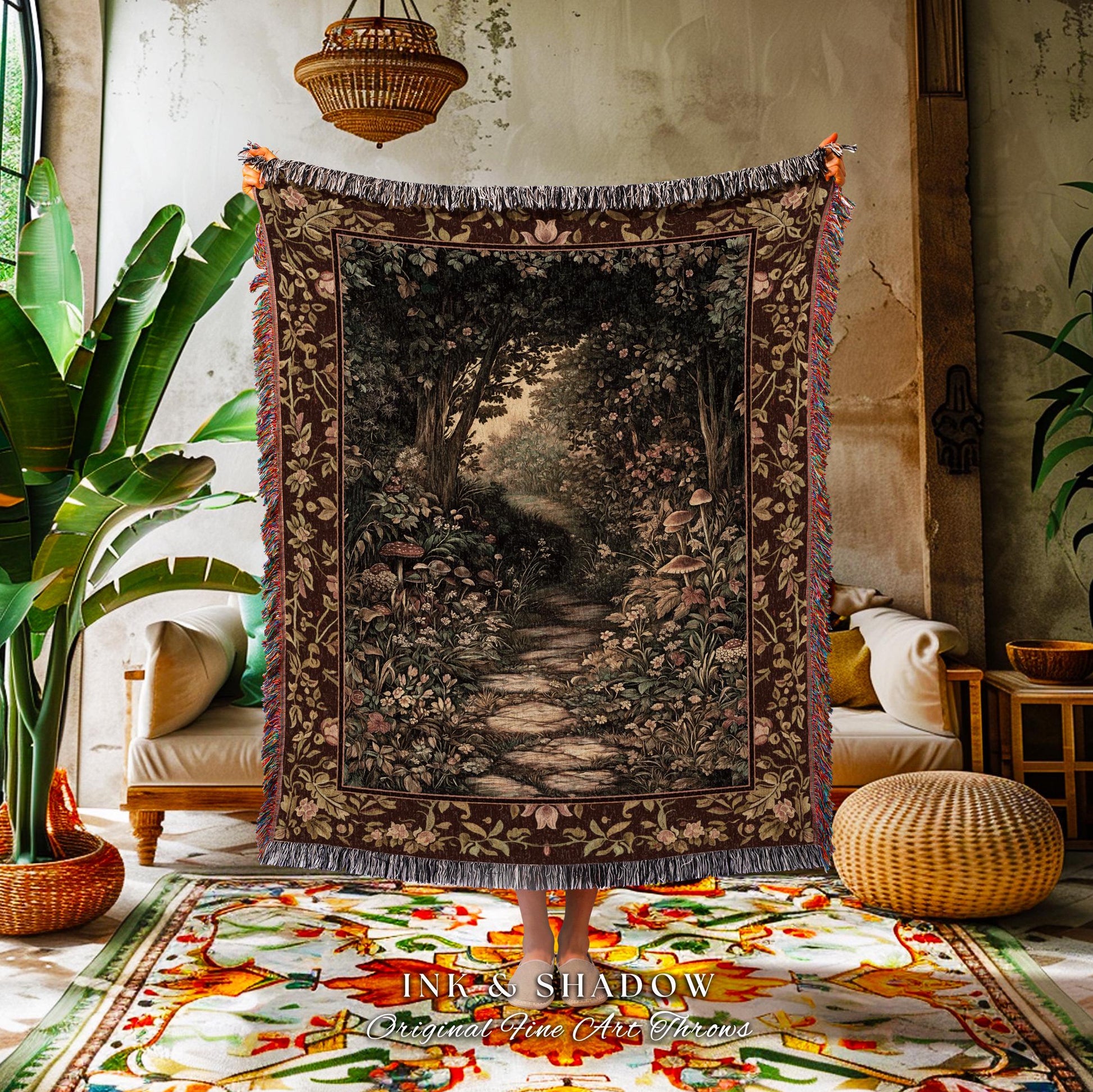 Fairy Ethereal Forest Woven Blanket | Mystic Dark Academia Folklore Inspired Fairy Aesthetic Tapestry Magic Dark Bedroom Medieval Botanical