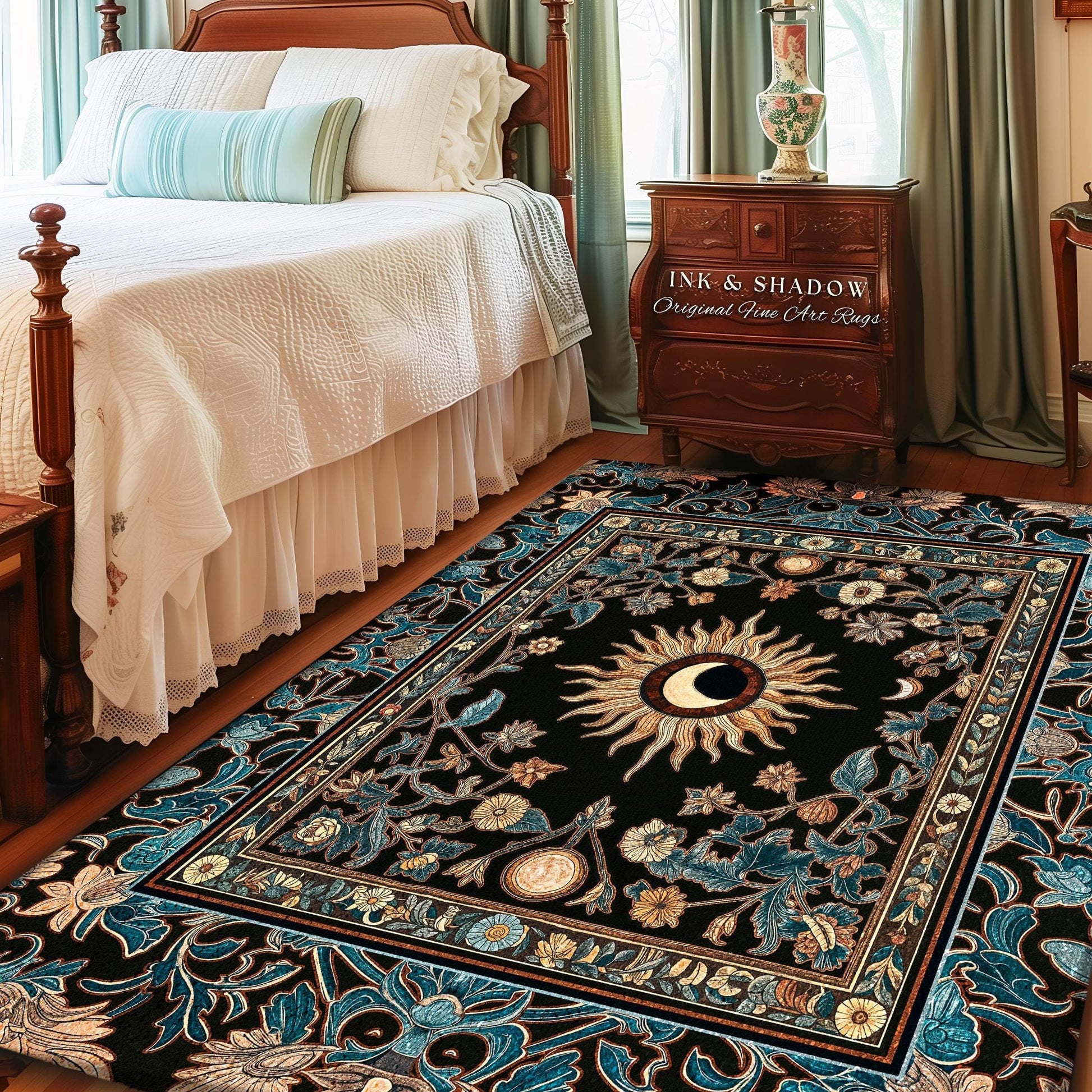 Mystic Moon Dark Academia Rug | Celestial Tarot Inspired Gothic Maximalist Bedroom Rug Whimsical Astrology Ethereal Witchy Home Decor