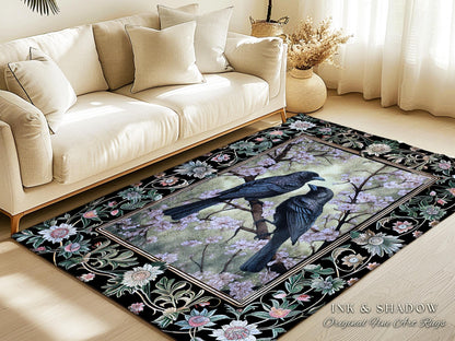 Whimsigoth Floral Raven Rug Crowcore Whimsical Woodland Gothic Fairycore Grunge, Enchanted Forest Moody Vintage Cottagecore Black Bird Decor