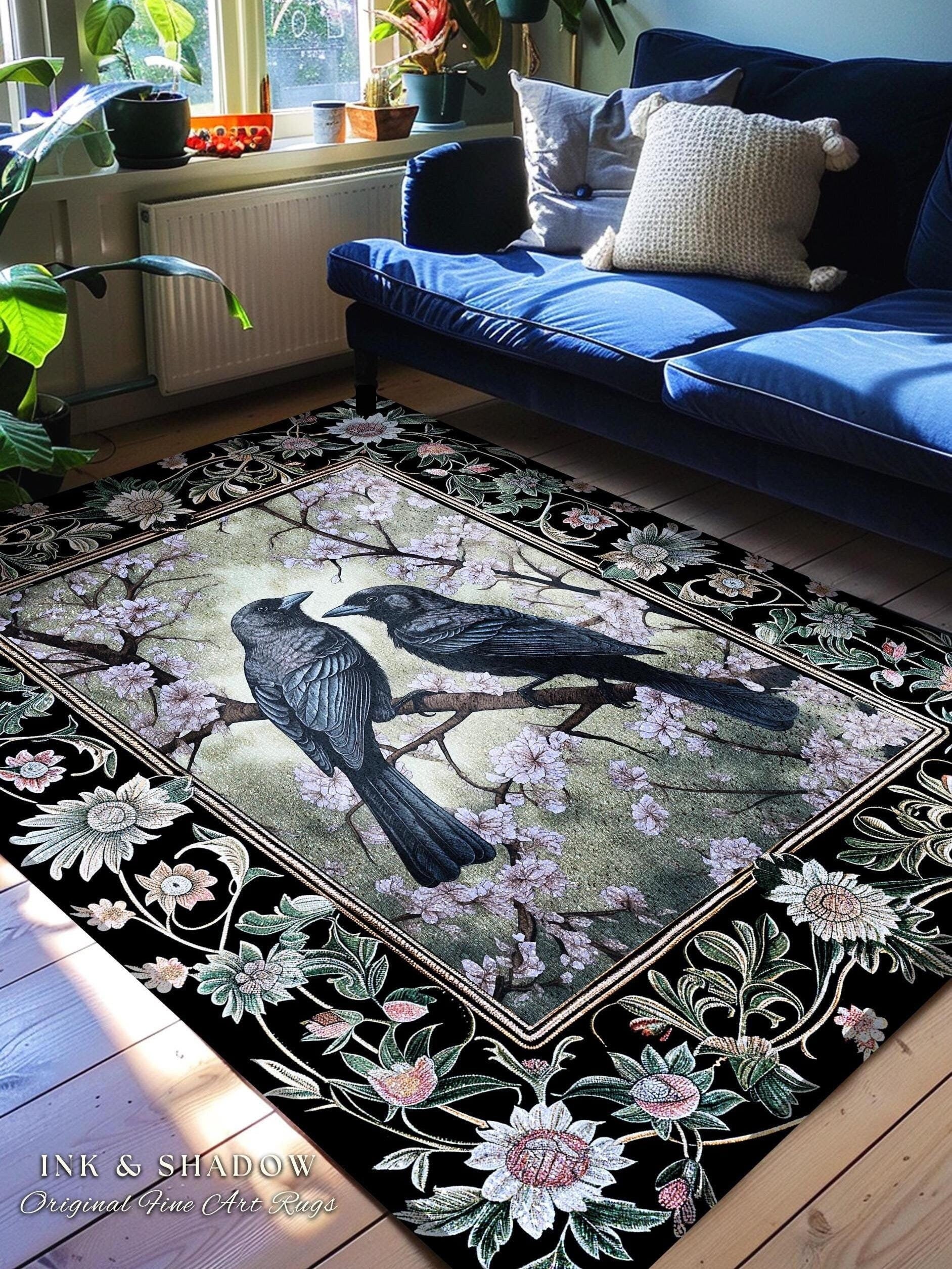 Whimsigoth Floral Raven Rug Crowcore Whimsical Woodland Gothic Fairycore Grunge, Enchanted Forest Moody Vintage Cottagecore Black Bird Decor