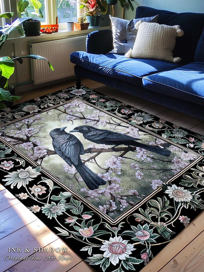 Whimsigoth Floral Raven Rug Crowcore Whimsical Woodland Gothic Fairycore Grunge, Enchanted Forest Moody Vintage Cottagecore Black Bird Decor