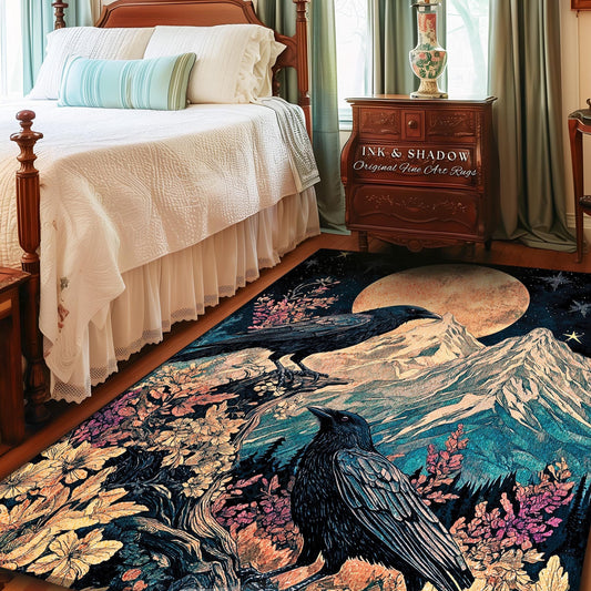 Moonrise Crow Celestial Area Rug | Celestial Woodland Gothic Maximalist Crowcore Bedroom Decor Aesthetic Botanical Room Victorian Raven |