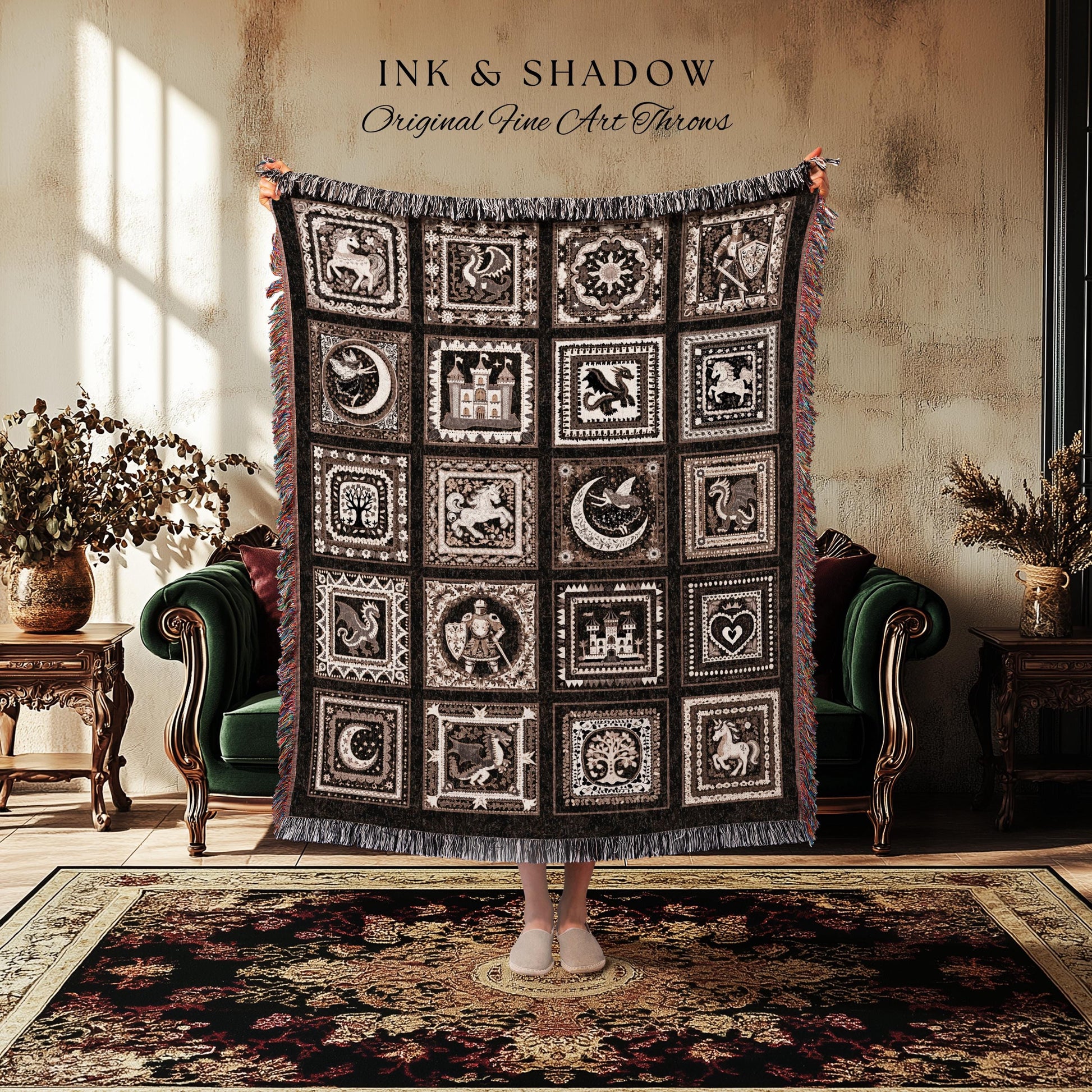 Castlecore Medieval Folklore Throw Blanket | Retro Vintage Aesthetic Fantasy Cottagecore Bedroom Fairytale Aesthetic Bedroom Fringe Throw |