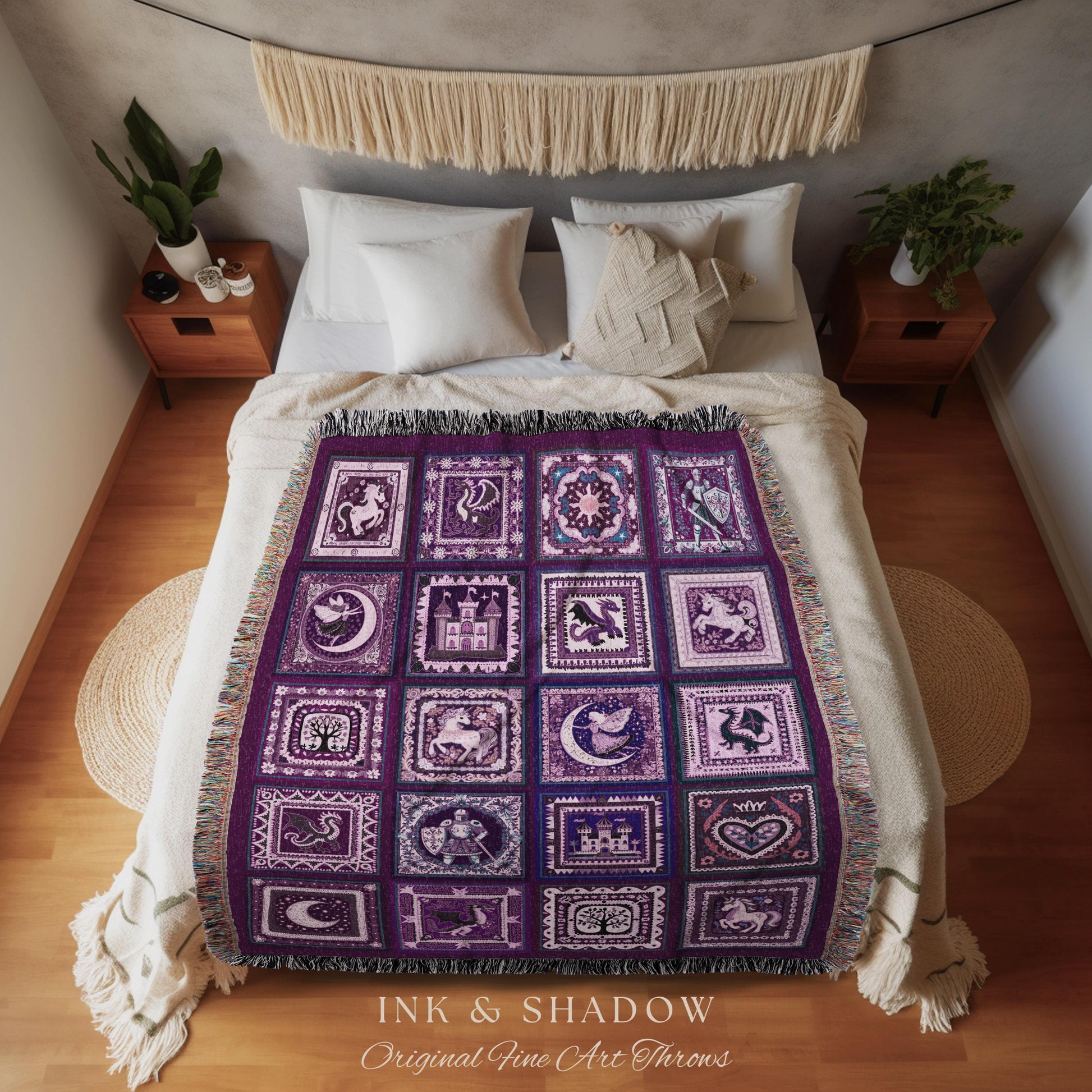 Royal Purple Castlecore Woven Blanket | Medieval Cottagecore Woodland Ethereal Fairytale Boho Retro Storybook Vintage Aesthetic Cozy Throw