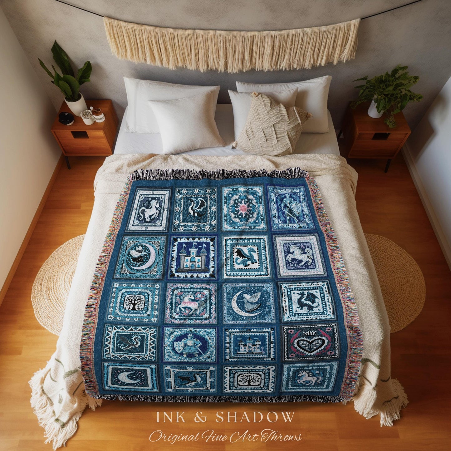 Once Upon a Time Fairytale Throw Blanket | Retro Vintage Knight Castle Medieval Folklore Style Romantic Woven Tapestry Storybook Coverlet