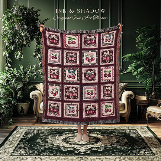 Cute Trendy Cherry Woven Blanket | Indie Bedroom Red Mauve Retro Tapestry Maximalist Aesthetic Bedroom Coverlet Vintage Girly Gothic Throw |