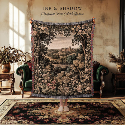 Medieval Meadow Tapestry Blanket | Rustic Fairytale Castle Landscape Woodland Fairy Folklore Princesscore Aesthetic Mystic Victorian Floral