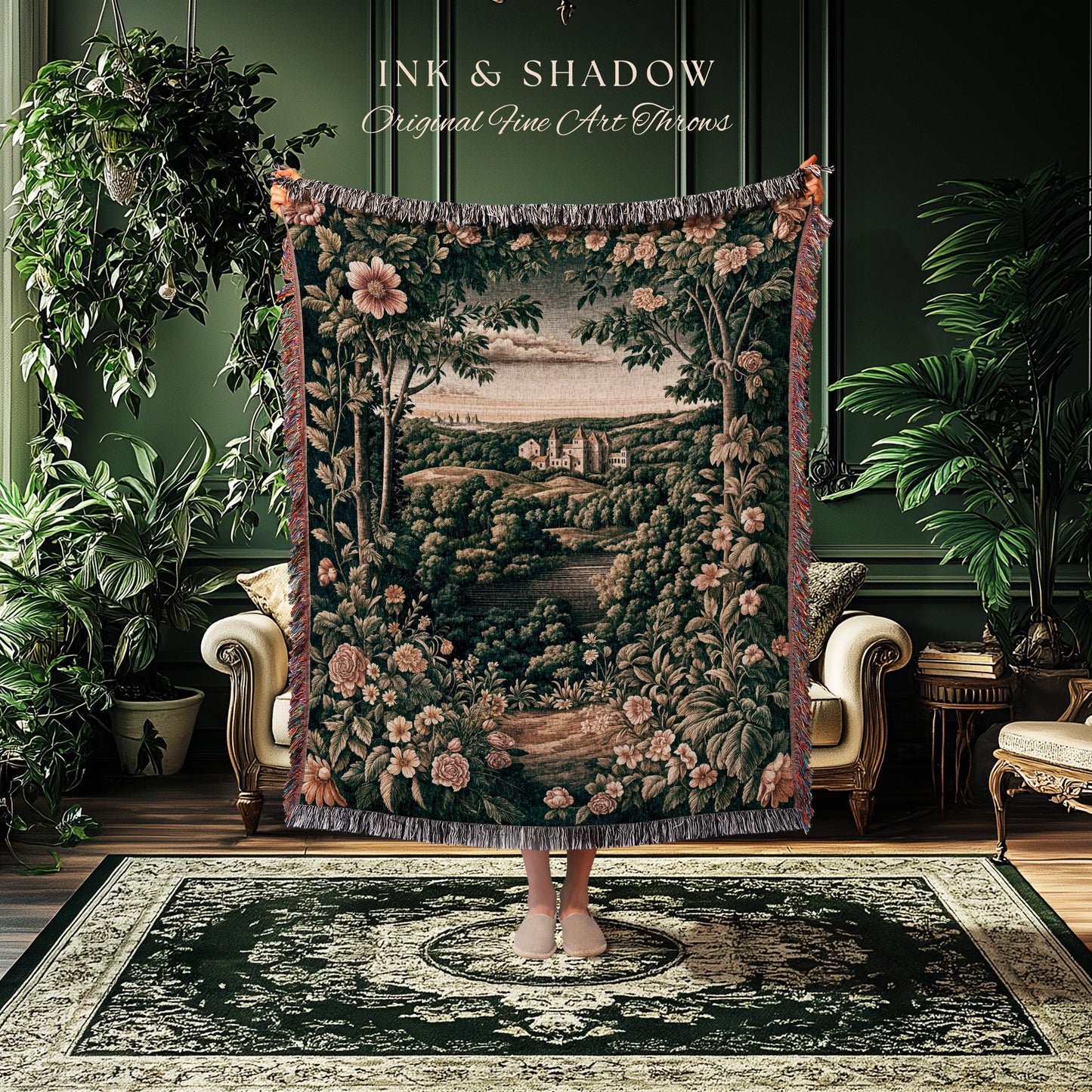 Princess Medieval Woven Throw Blanket | Rustic Floral Landscape Whimsigoth Castle Ethereal Bedroom Aesthetic Blanket Woodland Goth Romantic