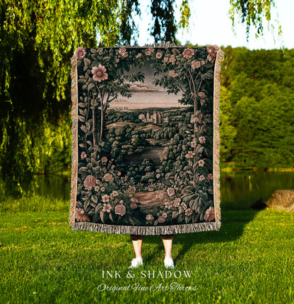 Princess Medieval Woven Throw Blanket | Rustic Floral Landscape Whimsigoth Castle Ethereal Bedroom Aesthetic Blanket Woodland Goth Romantic