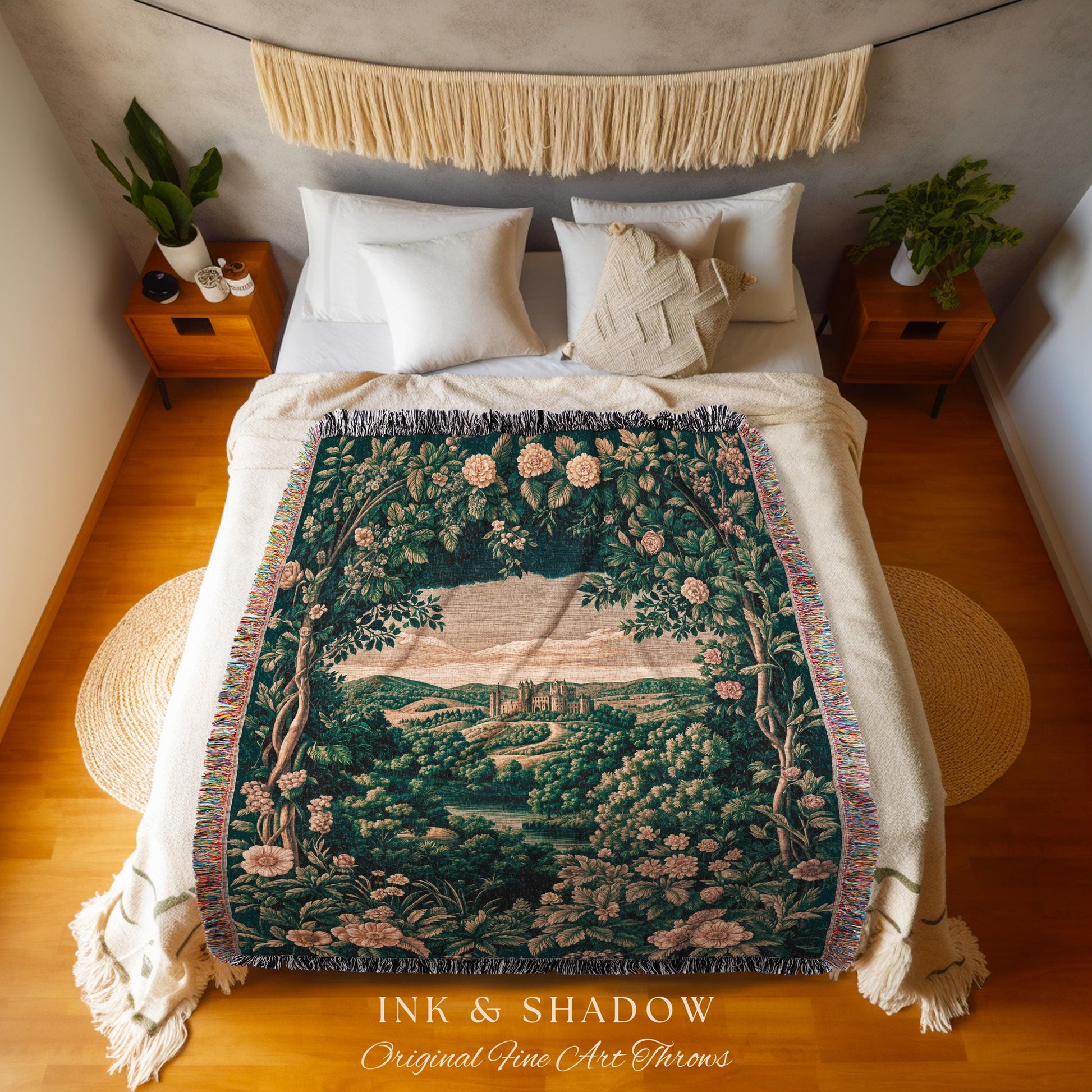 Rosy Forestcore Woven Throw Blanket | Woodland Castle Dreamy Ethereal Bedroom Aesthetic Princess Blanket Woodland Medieval Woven Tapestry |