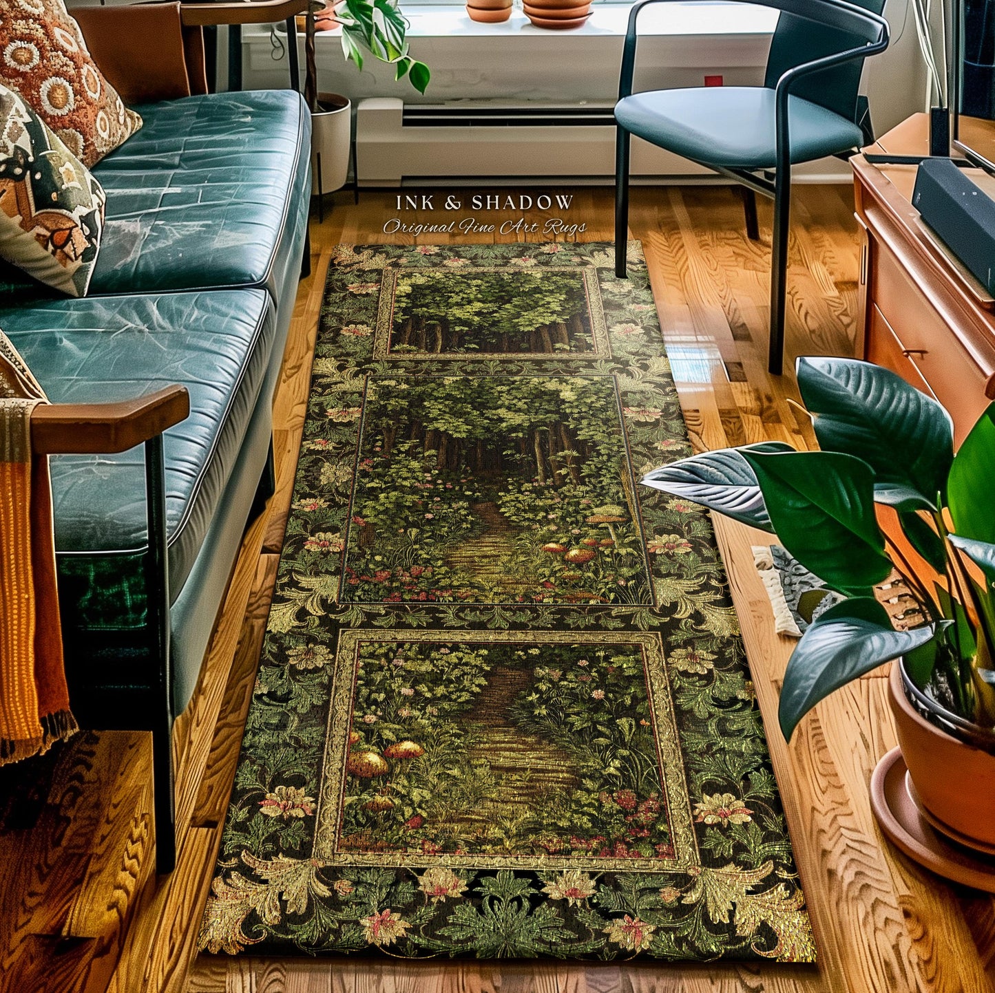 Fairytale Forest Botanical Runner Rug | Mystic Aesthetic Woodland Home Magical Decor Plant Loving Home Decor Botanical Hallway Emerald Woods