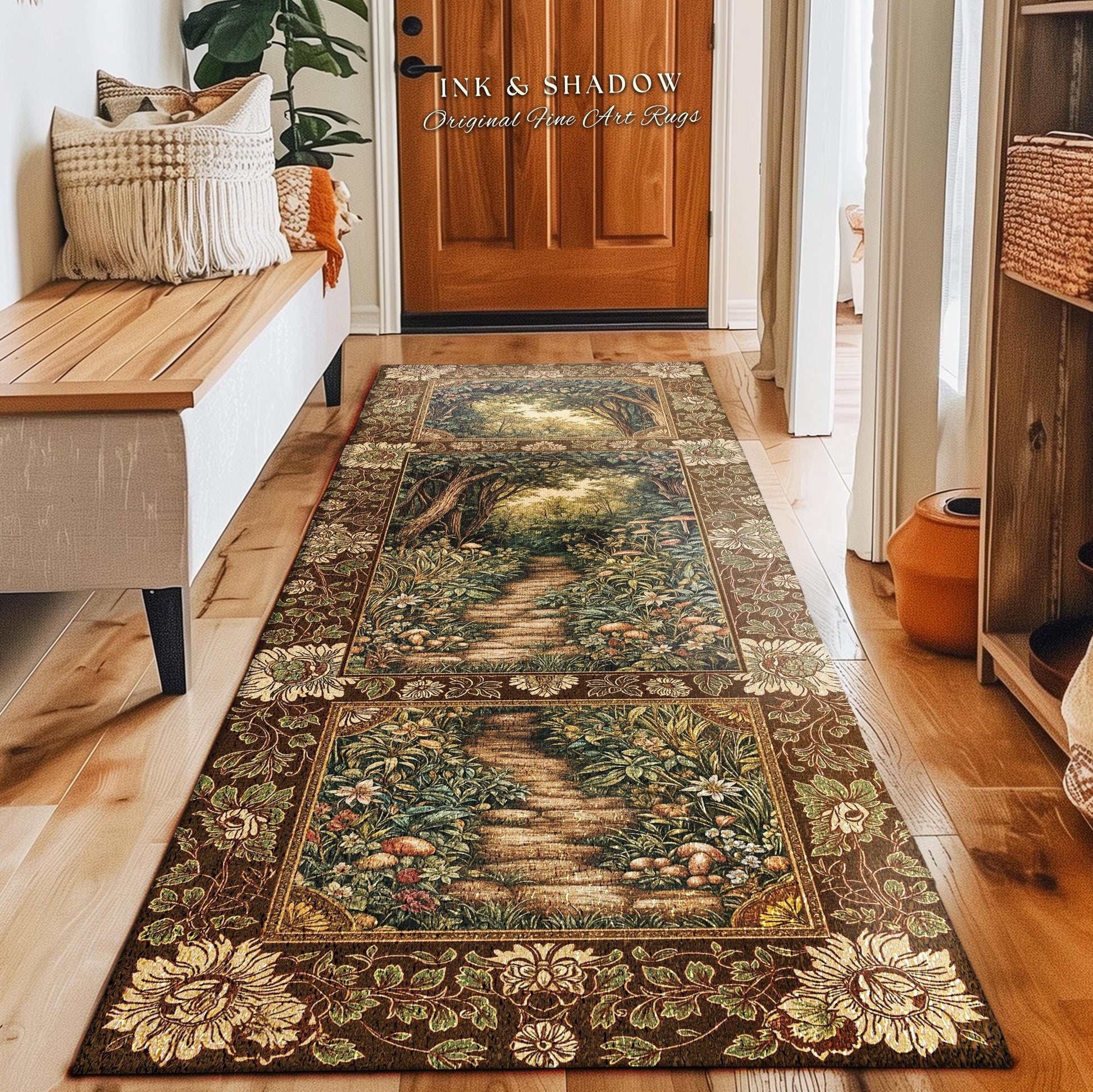 Mushroom Forest Magical Woodland Entryway Rug | Ethereal Mystic Academia Folklore Inspired Fairy Core Aesthetic Hallway Runner Rug Magical