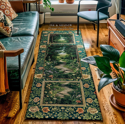 Woodland Forest Cottagecore Kitchen Rug | Fairycore Aesthetic Magical Woodland Entryway Emerald Green Home Decor Whimsigothic Floor Mat Long