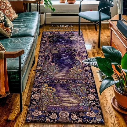 Magical Woodland Mushroom Runner Rug | Fairytale Theme Woodland Botanical Aesthetic Whimsical Home Entryway Rug for Hallway Purple Woods |