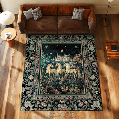 Mystic Academia Unicorn Area Rug | Dark Victorian Gothic Floral Landscape Magical Elegance Aesthetic Accent Rug Storybook Fairytale Artwork