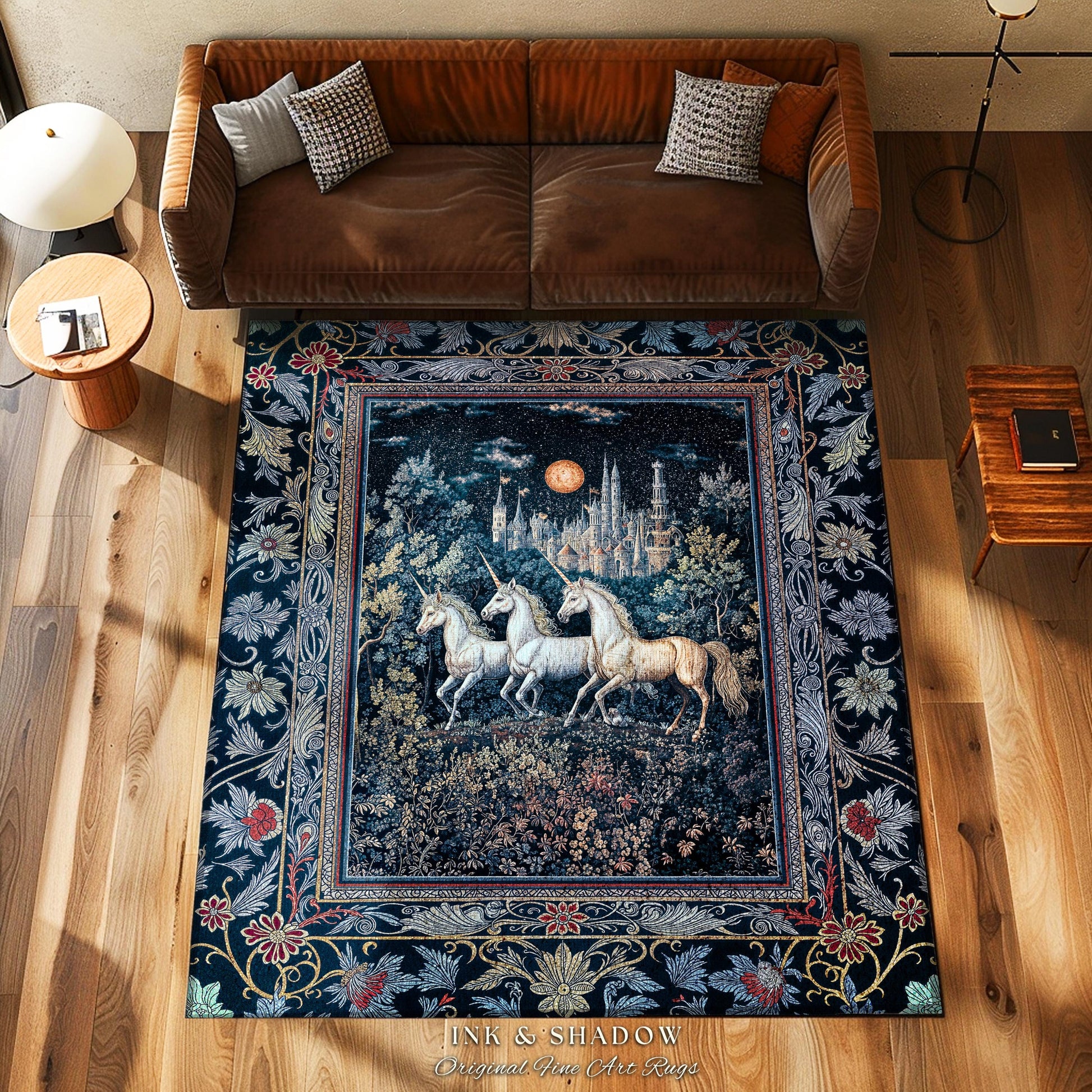 Witchy Dark Romantic Accent Rug | Medieval Folklore Decor Fairytale Inspired Cottagecore Whimsical Fantasy Unicorn Area Rug Gothic Whimsy |