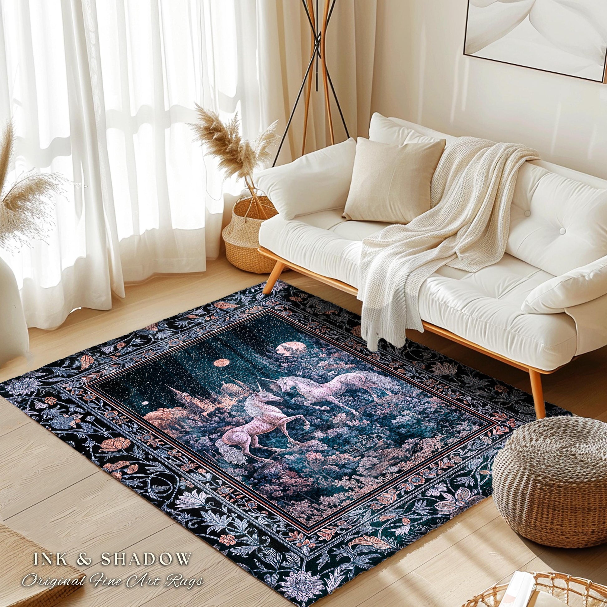 Moody Moonlit Unicorn Accent Rug | Elegant Medieval Florals Lavender Purple Whimsical Folklore Woven Tapestry Blanket Fairytale Area Rug |