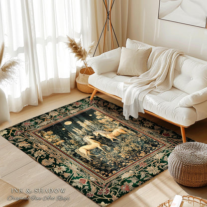 Royal Aesthetic Woven Unicorn Rug | Fairycore Rustic Area Rug Home Accent Gothic Whimsical Florals Storybook Bedroom Whimsical Ornate Gothic