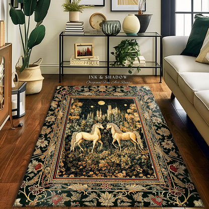 Royal Aesthetic Woven Unicorn Rug | Fairycore Rustic Area Rug Home Accent Gothic Whimsical Florals Storybook Bedroom Whimsical Ornate Gothic